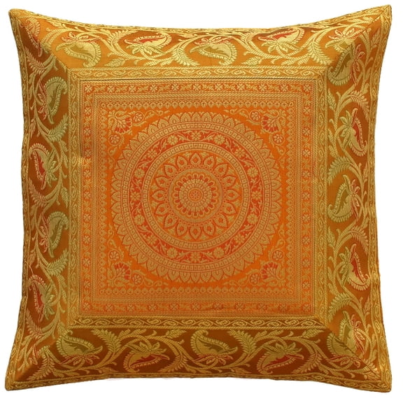 DK Homewares Indian Decorative Accent Throw Pillow Cover 16 Inch Brocade Jacquard Mandala Bohemian Square Sofa Cushion Cover (Size - 40x40 cm ; Color: Gold & Gold ) - 1 Pcs (Cover Only)