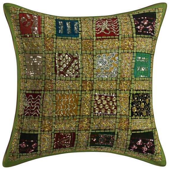 DK Homewares Indian Decorative Sofa Throw Pillow Cover 16x16 Inch Cotton Patchwork Geometric Bohemian Square Couch Cushion Cover (Size - 40x40 cm ; Color: Parrot Green ) - 1 Pcs (Cover Only)