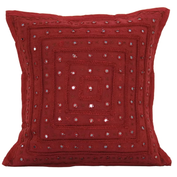 DK Homewares Indian Decorative Toss Throw Pillow Cover 16 x 16 Inch Cotton MIrrored Embroidered Bohemian Square Accent Cushion Cover (Size - 40x40 cm ; Color: Maroon ) - 1 Pcs (Cover Only)