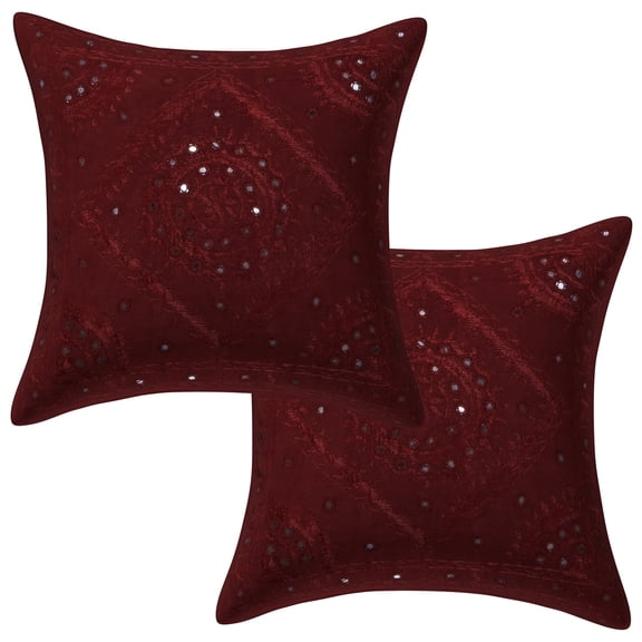DK Homewares Indian Decorative Toss Throw Pillowcases 16x16 Inch Cotton Embroidered Mirrored Bohemian Square Accent Cushion Covers (Size - 40x40 cm ; Color: Maroon ) - Set of 2 Pcs (Cover Only)