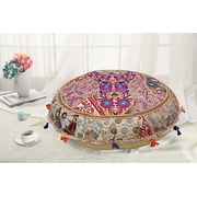 DK Homewares Indian Ethnic Bohemian Floor Cushion Adult Beige 22 Inch Patchwork Meditation Ottoman Stool Home Decor Embroidered Vintage Cotton Round Floor Pillow Cover Boho 22x22