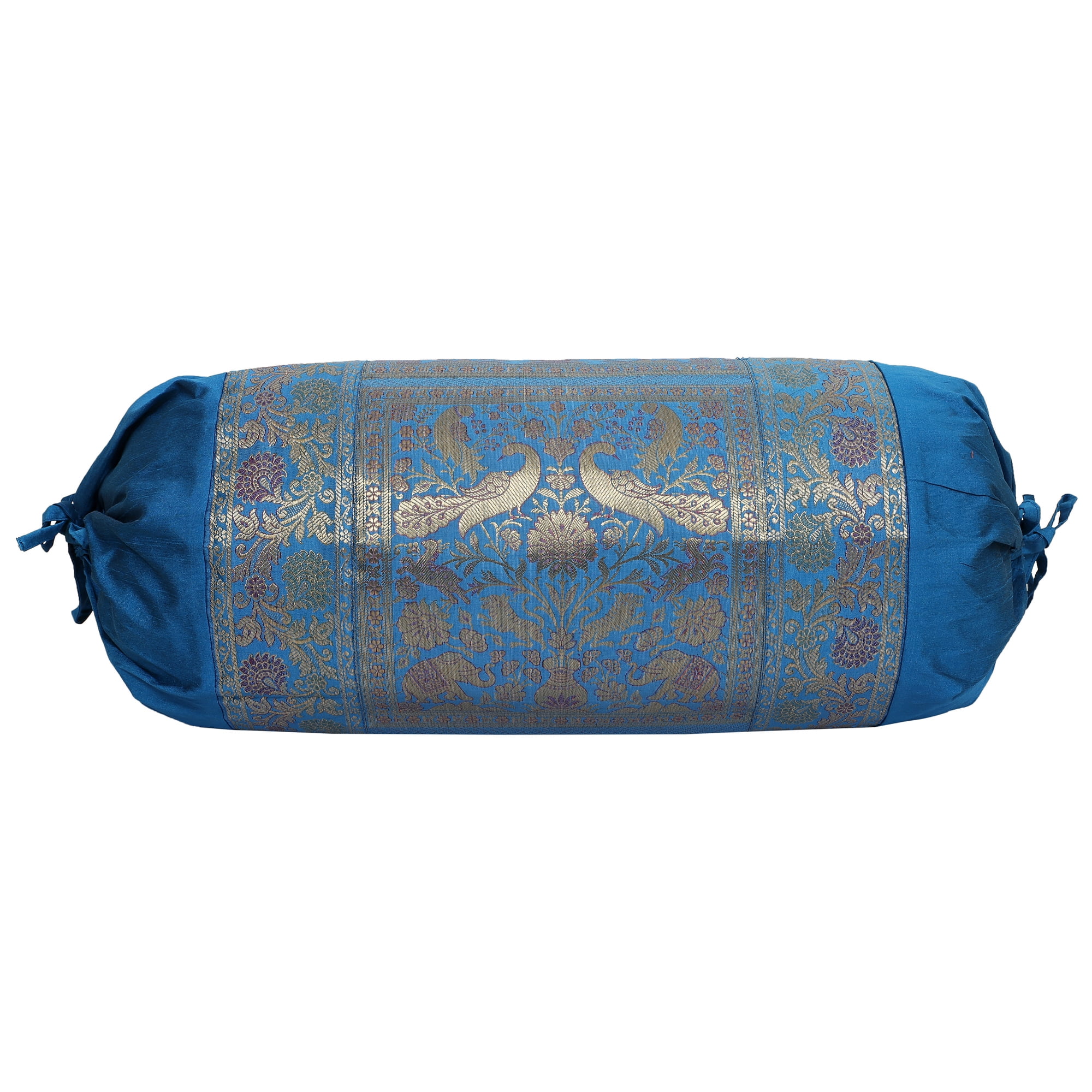 DK Homewares Indian Jacquard Bolster Pillow Cover – Silk Brocade, Elephant Pattern, Dark Green, 30x15 Inches – Cylindrical Cushion Cover - View #7
