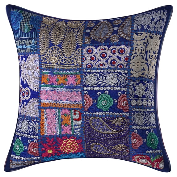 DK Homewares Indian Throw Pillow Cover 16 Inch Cotton Vintage Patchwork Ethnic Square Embroiderded Cushion Cover (Size - 40x40 cm ; Color: Dark Blue ) - 1 Pcs (Cover Only)