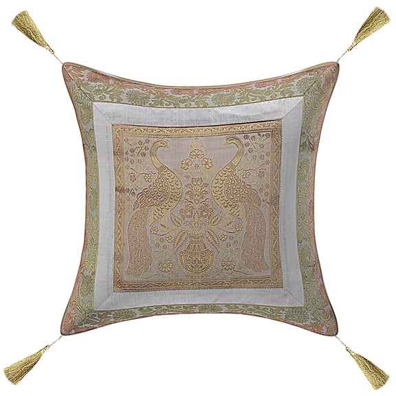 DK Homewares Indian Throw Pillow Cover 18 x 18 Inch Brocade Jacquard Weave Ethnic Square Peacock Cushion Cover (Size - 45x45 cm ; Color: White & Gold ) - 1 Pcs (Cover Only)
