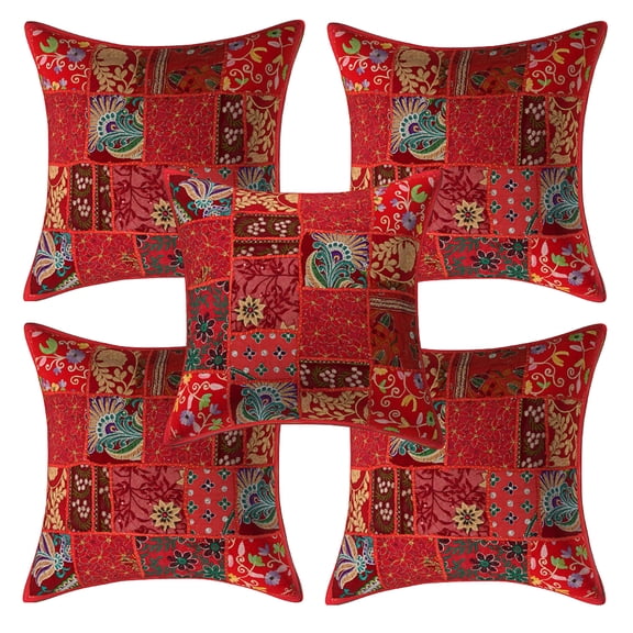 DK Homewares Indian Throw Pillow Covers 16 Inch Cotton Vintage Patchwork Ethnic Square Embroiderded Cushion Covers (Size - 40x40 cm ; Color: Red ) - Set of 5 Pcs (Cover Only)
