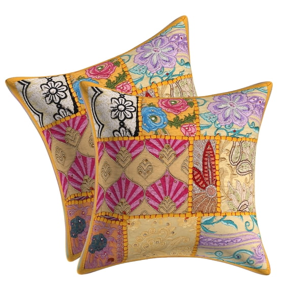 DK Homewares Indian Throw Pillowcases 12x12 Inch Cotton Vintage Patchwork Ethnic Square Embroiderded Cushion Covers (Size - 30x30 cm ; Color: Mango Yellow ) - Set of 2 Pcs (Cover Only)