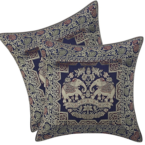 DK Homewares Indian Throw Pillowcases 16 Inch Brocade Jacquard Weave Ethnic Square Elephant Cushion Covers (Size - 40x40 cm ; Color: Navy Blue & Gold ) - Set of 2 Pcs (Cover Only)