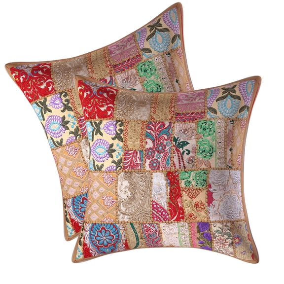 DK Homewares Indian Throw Pillowcases 16 Inch Cotton Vintage Patchwork Ethnic Square Embroiderded Cushion Covers (Size - 40x40 cm ; Color: Khaki Brown ) - Set of 2 Pcs (Cover Only)