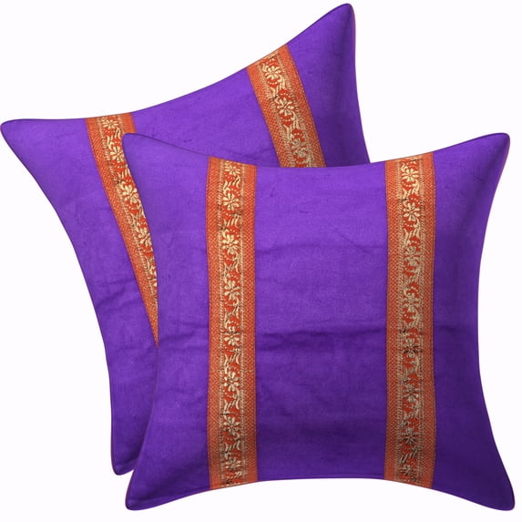 DK Homewares Indian Throw Pillowcases 16 Inch Velvet Brocade Jacquard Ethnic Square Floral Cushion Covers (Size - 40x40 cm ; Color: Purple ) - Set of 2 Pcs (Cover Only)