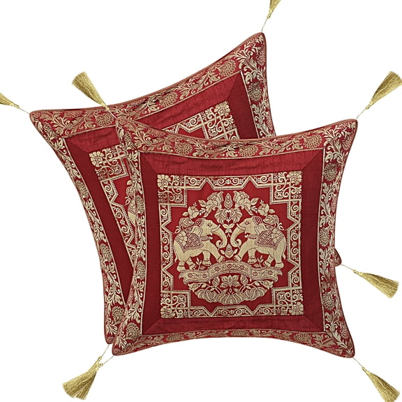 DK Homewares Indian Throw Pillowcases 18 x 18 Inch Brocade Jacquard Weave Ethnic Square Elephant Cushion Covers (Size - 45x45 cm ; Color: Burgundy Maroon & Gold ) - Set of 2 Pcs (Cover Only)