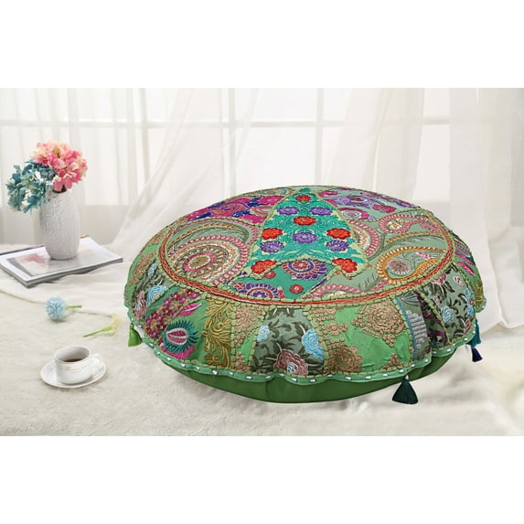 DK Homewares Indian Traditional Bohemian Floor Cushion For Kids Green 22 Inch Patchwork Yoga Pouf Ottoman Home Decor Embroidered Vintage Cotton Round Floor Pillow Cover Adult 55 cm