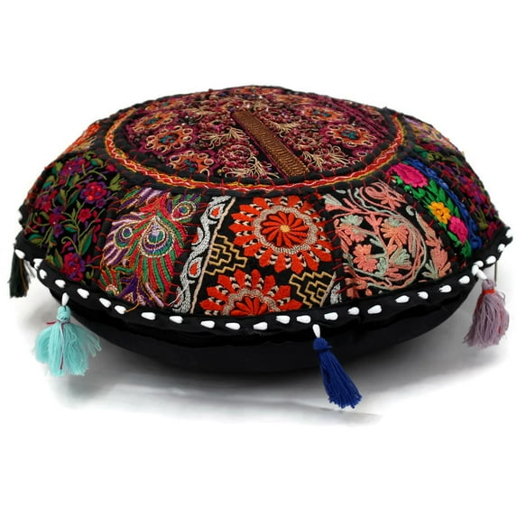 DK Homewares Indian Traditional Floor Cushion Cover Bohemian Black 18 Inch Patchwork Yoga Pouf Ottoman Home Decor Embroidered Vintage Cotton Round Floor Pillow Cover Seating 18x18