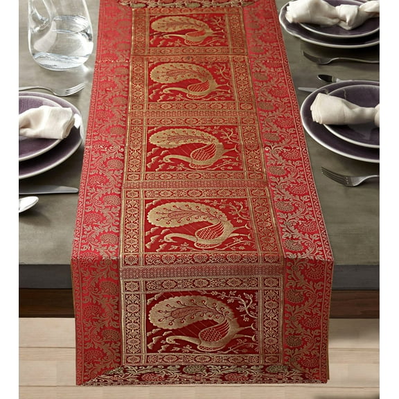 DK Homewares Indian Traditional Table Runner Birthday Party Home Decorative Brocade Red Gold 150 X 40 Cm Jacquard Peacock 5 Ft Centerpiece ( 60X16 Inches )