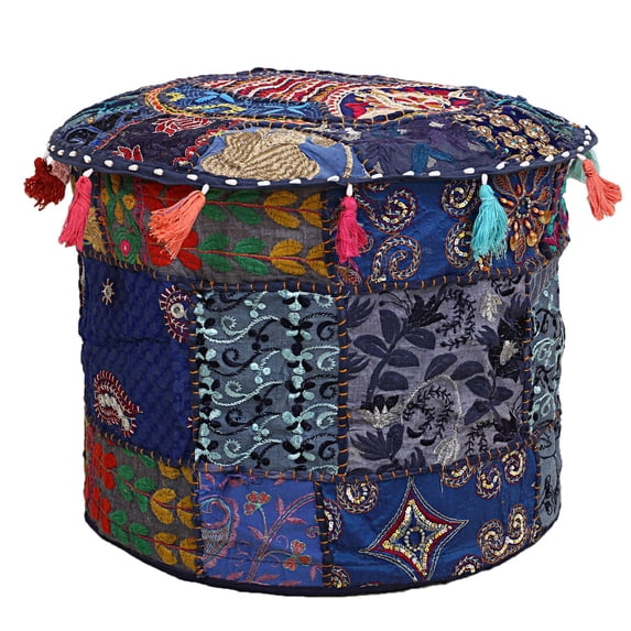DK Homewares Indian Vintage Patchwork Pouf Ottoman Cover Dark Blue Round Footstool Pouffe Home Decor Cotton Embroidered Pouffe Foot Rest Floral Traditional 16x16x13 Inch - COVER ONLY