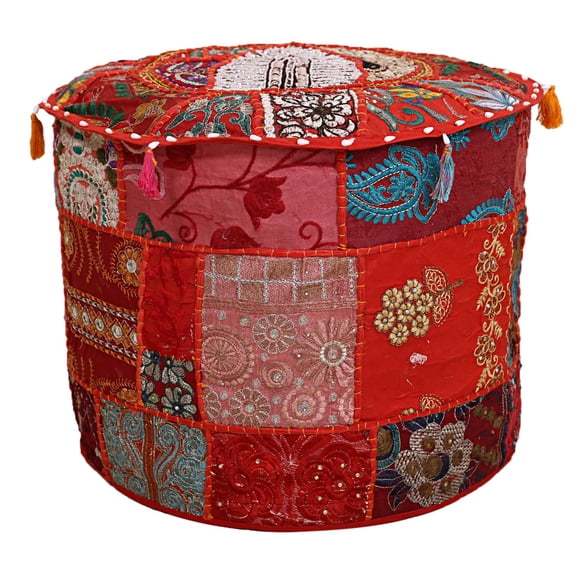 DK Homewares Indian Vintage Patchwork Pouf Ottoman Cover Red Round Pouffe Living Room Cotton Embroidered Pouffe Foot Rest Floral Traditional 22x22x14 Inch - COVER ONLY