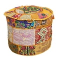 thumbnail image 1 of DK Homewares Indian Vintage Patchwork Pouffe Floor Cushion Mango Yellow Round Foot Stool Decorative Tuffet Cotton Embroidered Hassock Pouf Ottoman Cover Floral Traditional 18x18x13 Inch - COVER ONLY, 1 of 5