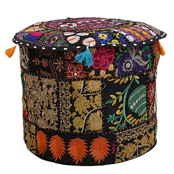 DK Homewares Indian Vintage Patchwork Pouffe Footstool Black Round Foot Stool Decorative Tuffet Cotton Embroidered Hassock Pouf Ottoman Cover Floral Traditional 22x22x14 Inch - COVER ONLY