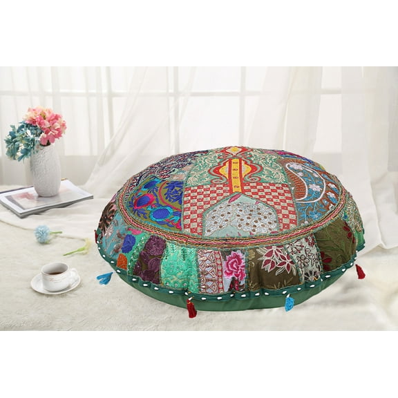 DK Homewares Round Bohemian Extra Large Floor Cushions Seating For Adults Green 40 Inch Patchwork Lounger Pouffe Footstool Home Decor Embroidered Vintage Cotton Indian Floor Pillow Cover