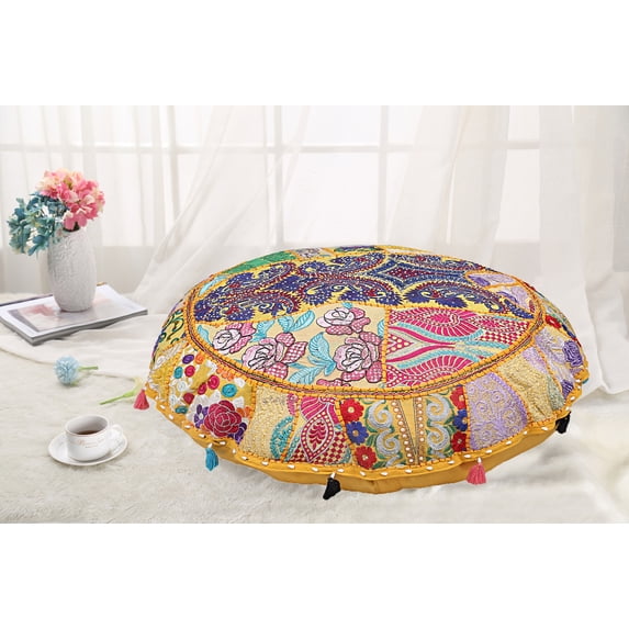 DK Homewares Round Ethnic Floor Pillow Cover Bohemian Mango Yellow 40 Inch Patchwork Seating Ottoman Stool Home Decor Embroidered Vintage Cotton Indian Floor Cushion Bohemian 100 cm