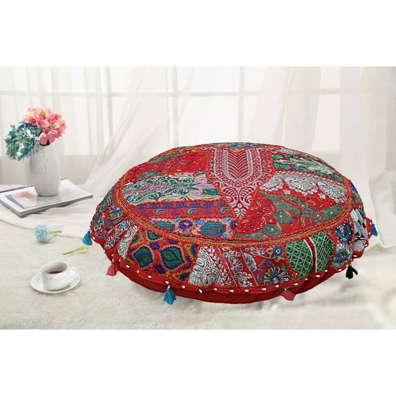 DK Homewares Round Traditional Floor Cushion Cover Red 32 Inch Patchwork Seating Pouf Ottoman Home Decor Embroidered Vintage Cotton Indian Floor Pillow Cover Seating 32x32