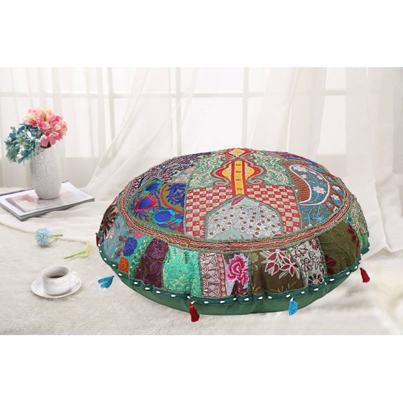 DK Homewares Round Traditional Floor Cushions Seating For Adults Green 32 Inch Patchwork Living Room Pouf Ottoman Home Decor Embroidered Vintage Cotton Indian Floor Pillow Cover 80 cm