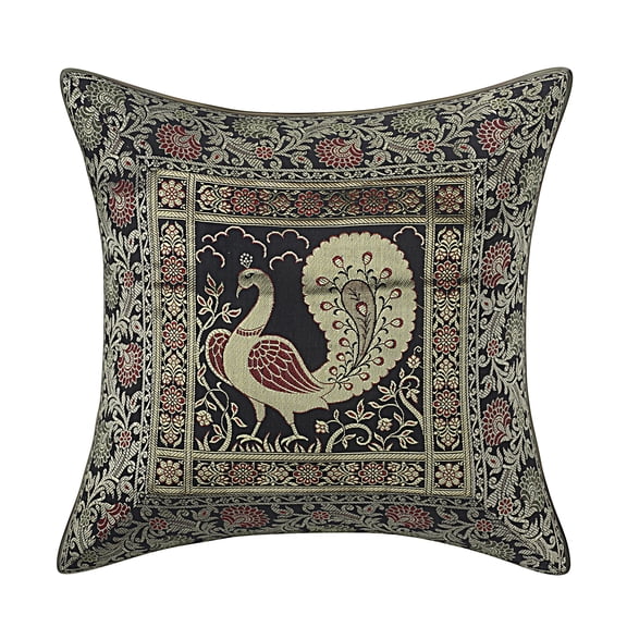DK Homewares Square Throw Pillowcase 16x16 Inch Decorative Brcocade Jacquard Weave Ethnic Peacock Cushion Cover (Size - 40x40 cm ; Color: Black & Gold ) - 1 Pcs (Cover Only)