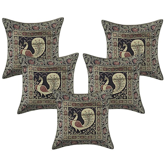 DK Homewares Square Throw Pillowcases 16x16 Inch Decorative Brcocade Jacquard Weave Ethnic Peacock Cushion Covers (Size - 40x40 cm ; Color: Black & Gold ) - Set of 5 Pcs (Cover Only)