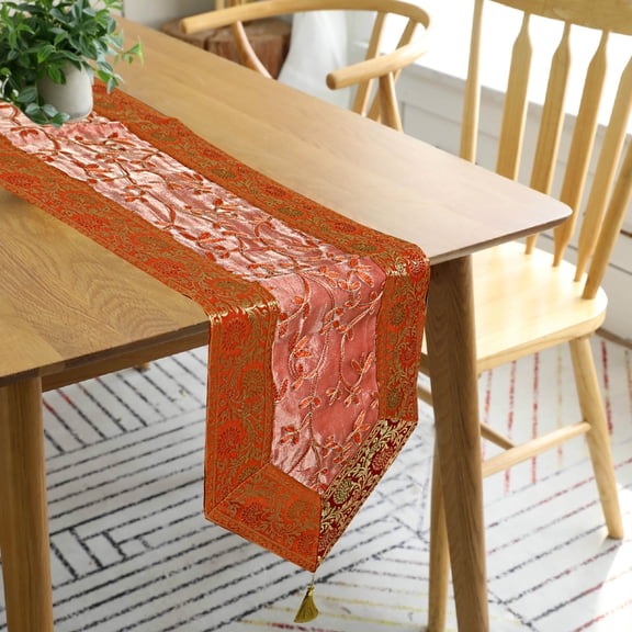 DK Homewares Traditional Embroidered Jacquard Floral Decoration Centerpiece Orange Peach Brocade Tissue Fabric Birthday Party 72 Inches Long Table Runner 6 Foot ( 180 X 35 Cm )