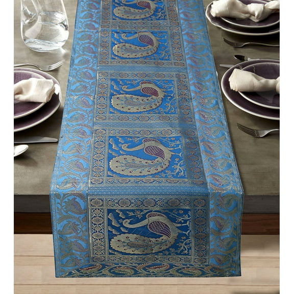 DK Homewares Traditional Ethnic Birthday Parties Home Decoration Brocade Table Cloth Turquoise Gold 150 X 40 Cm Jacquard Peacock 5 Ft Table Runner ( 60 X 16 Inches )