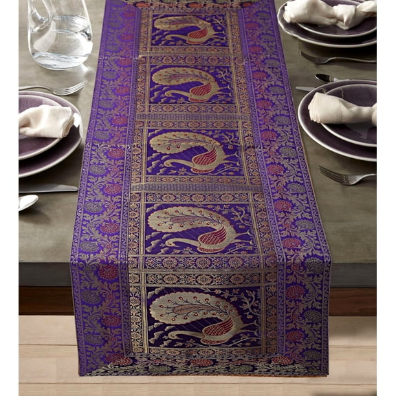 DK Homewares Traditional Indian Table Cloth Christmas Gift Decorative Brocade Purple Gold 150 X 40 Cm Jacquard Peacock 5 Ft Table Runner ( 60 X 16 Inches )