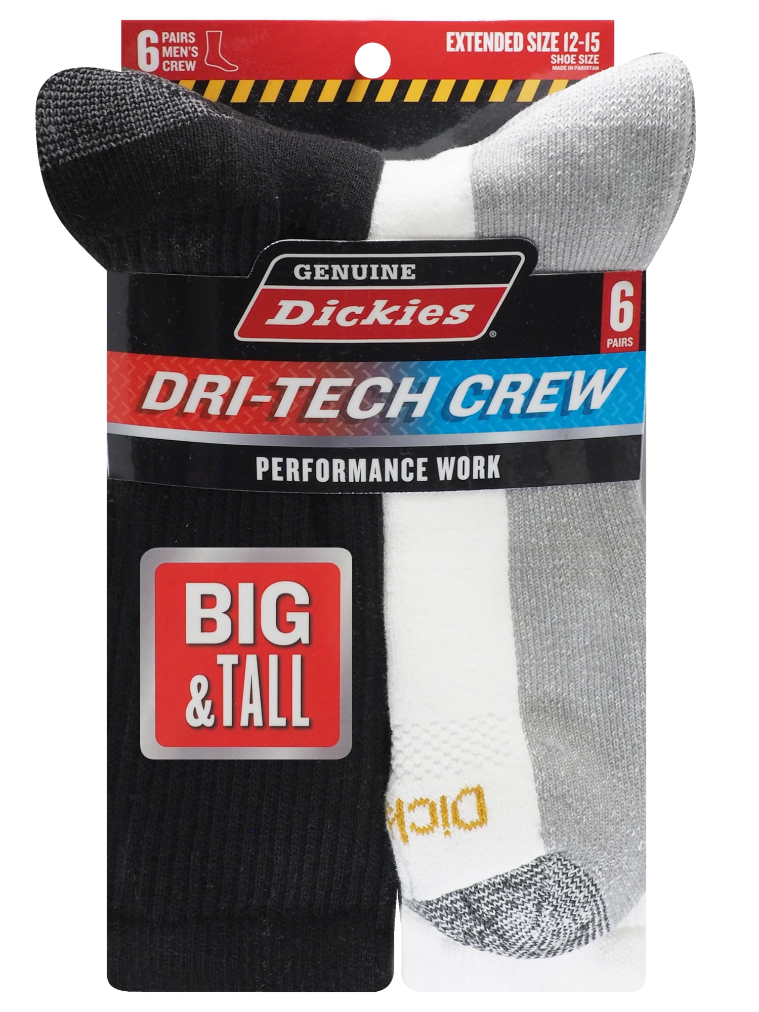 Dickies Men's Dritech Crew Sock, 6 Pack Black/White Size 12-15