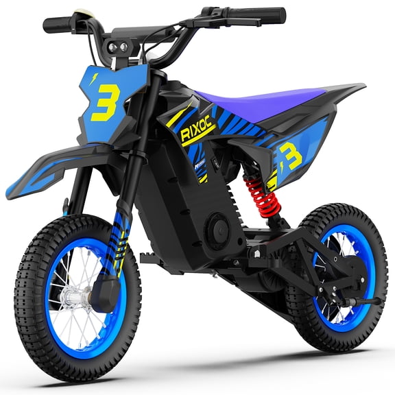 DK12 Electric Dirt Bike for Kids Age 3-10, 3-Speed Toy E-Motorcycle, Up to 15.5 Mph & 14 Miles Range, Smart LED Power Display, 12" Air Tires & Rear Suspension Ride On Toy for Boys Girls, Blue