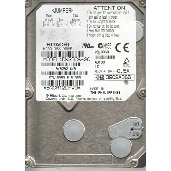 DK23CA-20, A/A0A3E/A, Hitachi 20GB IDE 2.5 Hard Drive