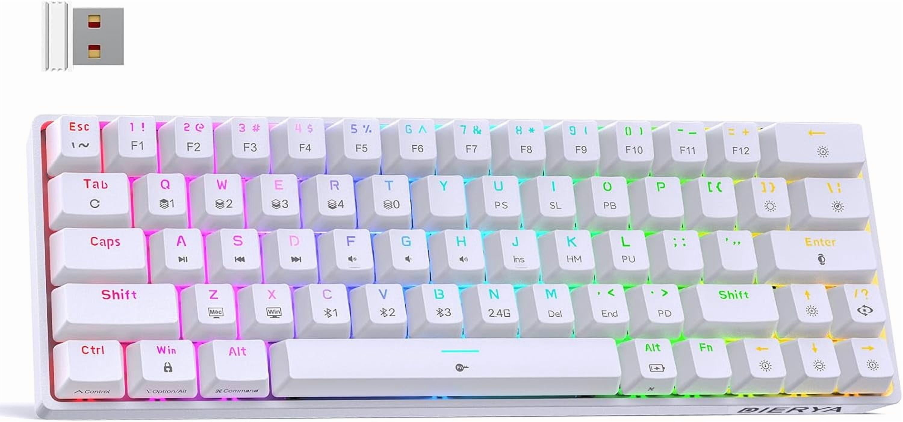 DK63 60% Wireless Mechanical Gaming Keyboard | Bluetooth/2.4G/Wired Keyboard | RGB Backlit Compact 63 Keys Mini Office Keyboard | with Red Switch | for Windows Laptop PC Gamer Typist-White