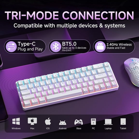 DK68 Wireless Mechanical Keyboard, 60% Gaming Keyboard with Red Switch, Triple Mode 2.4GHz/USB-C/BT5.0, RGB Backlit, Anti-Ghosting Keys, 68 Keys Portable Mini Wired Office Keyboard-White