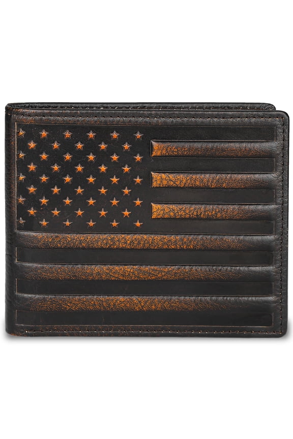 Mens Wallet USA Flag Bifold Wallet for Men RFID Blocking Full Grain Leather With Hand Burnished Extra Capacity Multiple Card Slots with 2 ID Windows A101