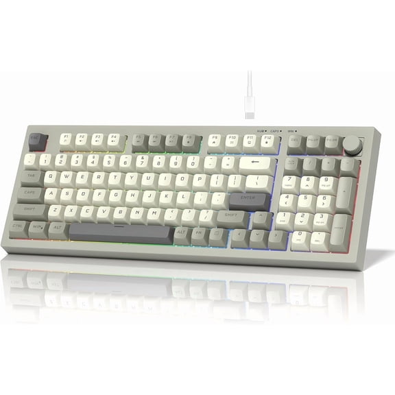 DK98 Retro Wired Gaming Keyboard Creamy Membrane with Rainbow Backlight - Quiet,Volume Knob,PBT Keycap 97 Key ANSI Layout Compatible with 10/8.1/8/7 (Grey)