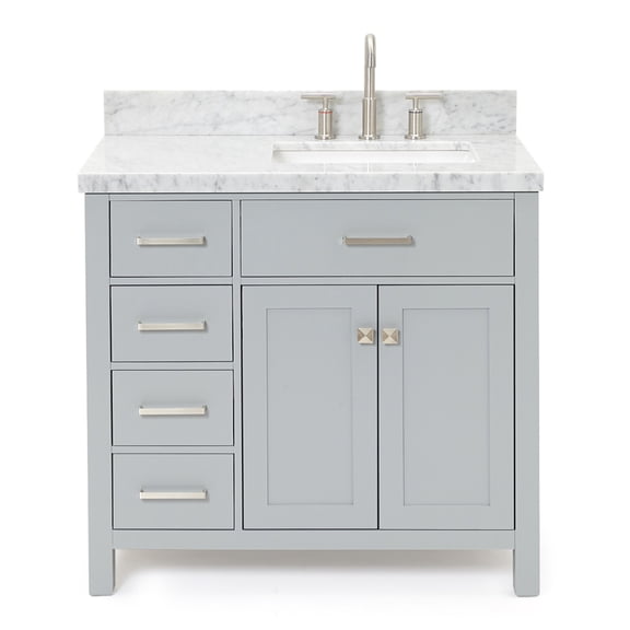 DKB Alenza 36-Inch Grey Bathroom Vanity with Sink, 1.5-Inch Edge Italian Carrara Marble Countertop & Backsplash, Rectangular Undermount Sink, 2 Soft-Closing Doors, 4 Dovetail Drawers, Polished Chrome