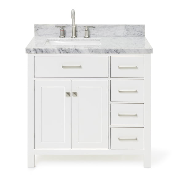 DKB Alenza 36-Inch White Bathroom Vanity with 1.5-Inch Edge Italian Carrara Marble Countertop & Backsplash, Rectangular Undermount Sink, 2 Soft Closing Doors, 4 Dovetail Drawers, Polished Chrome