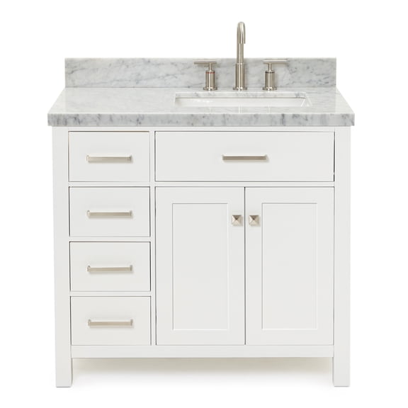 DKB Alenza 36-Inch White Bathroom Vanity with Sink, 1.5-Inch Edge Italian Carrara Marble Countertop & Backsplash, Rectangular Sink, 2 Soft-Closing Doors, 4 Dovetail Drawers, Polished Chrome