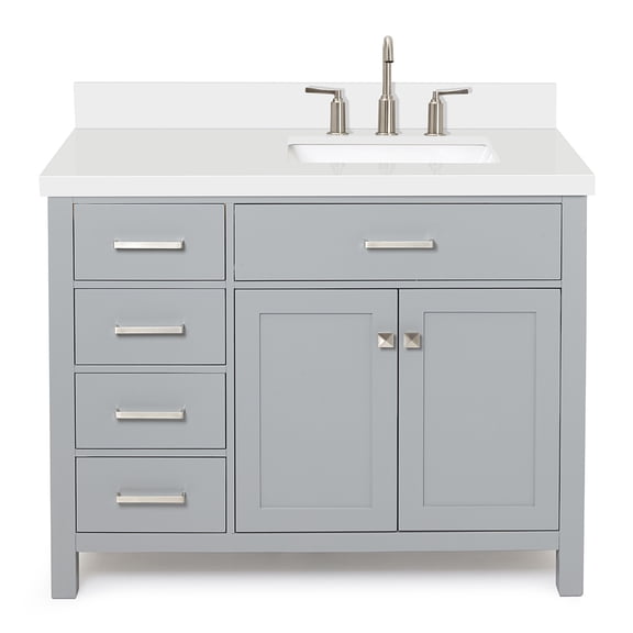 DKB Alenza 42-Inch Grey Single Bathroom Vanity with Sink, 1.5-Inch Pure White Quartz Top, Right Rectangular Sink, Polished Chrome Hardware, 2 Soft Closing Doors, 4 Dovetail Drawers