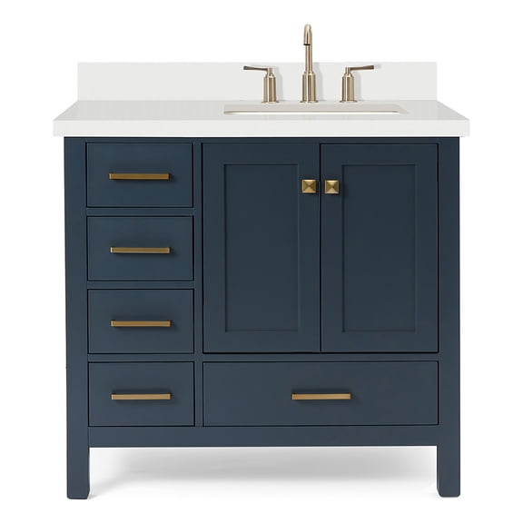 DKB Beckford 36-Inch Midnight Blue Bathroom Vanity with Sink, Pure White Quartz Countertop, Right Offset, Rectangle Undermount Sink, 2 Soft Closing Doors, 5 Dovetail Drawers, Satin Brass, No Mirror