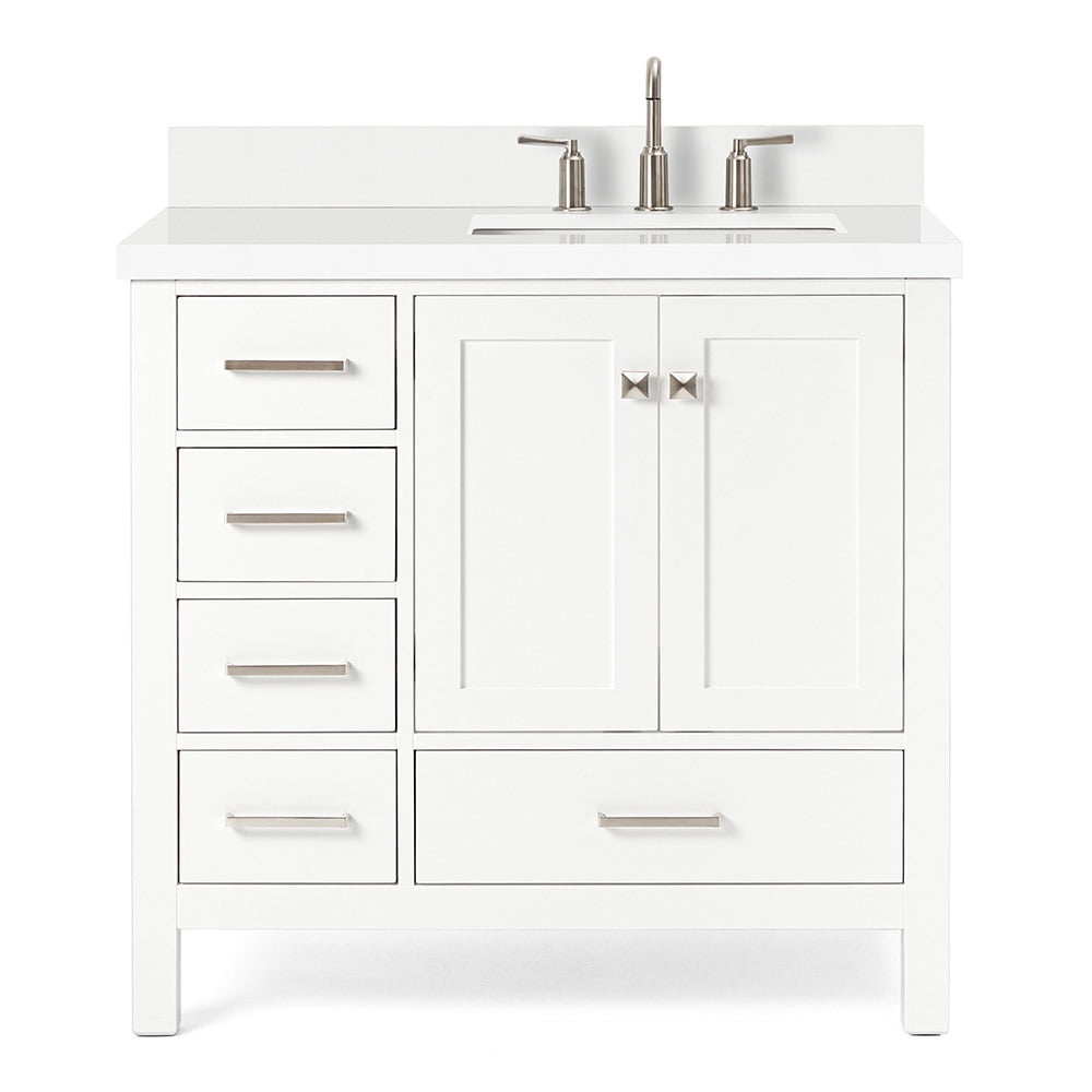 DKB Beckford 36-Inch White Bathroom Vanity with Sink, 1.5-Inch Edge Pure White Quartz Countertop & Backsplash, Right Rectangular Sink, 2 Soft Closing Doors, 5 Dovetail Drawers, Brushed Nickel