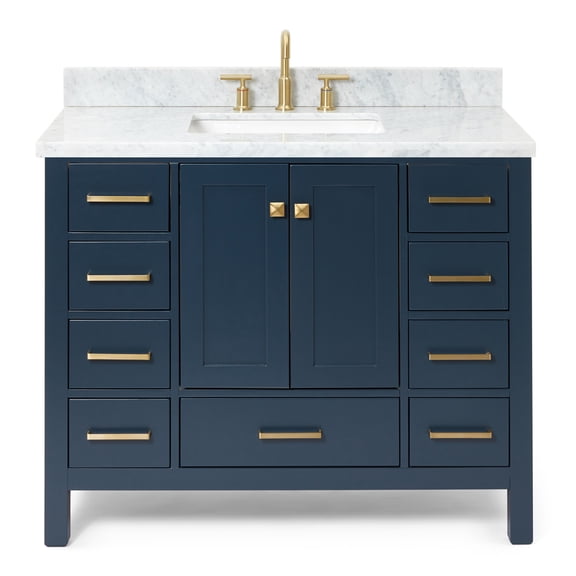 DKB Beckford 42-Inch Midnight Blue Bathroom Vanity with Sink, Solid Wood Frame, 1.5-Inch Carrara Marble Countertop, Single Rectangular Undermount Sink, 2 Soft Closing Doors, 9 Drawers