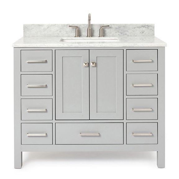 DKB Beckford 43-Inch Grey Bathroom Vanity with Sink, Carrara Marble Countertop & Backsplash, Solid Wood Base, Single Rectangular Undermount Sink, 2 Soft-Closing Doors, 9 Full-Extension Drawers