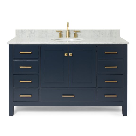 DKB Beckford 55-Inch Midnight Blue Bathroom Vanity, Italian Carrara Marble Countertop & Backsplash, Center Oval Sink, 2 Soft Closing Shaker Doors, 9 Dovetail Drawers, Satin Brass Hardware