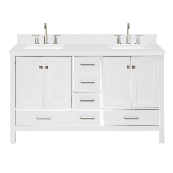 DKB Beckford 60-Inch White Double Bathroom Vanity with Sink, 1.5" Carrara Quartz Countertop, Rectangular Undermount Sinks, Solid Wood Frame, 4 Soft Closing Doors & 6 Drawers