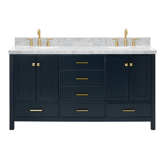 DKB Beckford 66" Midnight Blue Double Bathroom Vanity with Sink, 1.5" Edge Italian Carrara Marble Countertop, 2 Rectangular Undermount Sinks, 4 Soft Closing Doors, 6 Dovetail Drawers, Satin Brass
