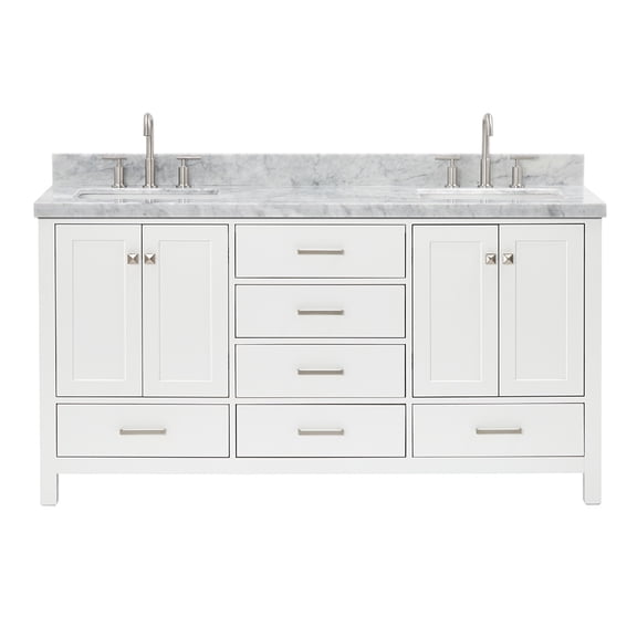 DKB Beckford 66" White Double Bathroom Vanity with Sink, 1.5" Edge Italian Carrara Marble Countertop, 2 Rectangular Undermount Sinks, 4 Soft Closing Doors, 6 Dovetail Drawers, Brushed Nickel