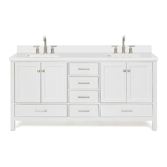 DKB Beckford 72 Inch Bathroom Vanity Double Sink — White Bathroom Vanity with Sink, 1.5" Edge Pure White Quartz Countertop & Backsplash, 4 Soft-Close Doors, 6 Dovetail Drawers